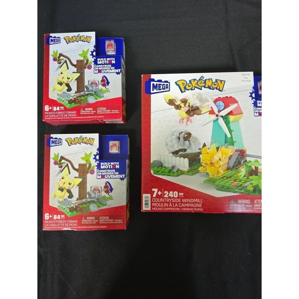 Pokémon Mega Construx Building Sets Lot Of 3 Pichu Forest 2 Countryside Windmill